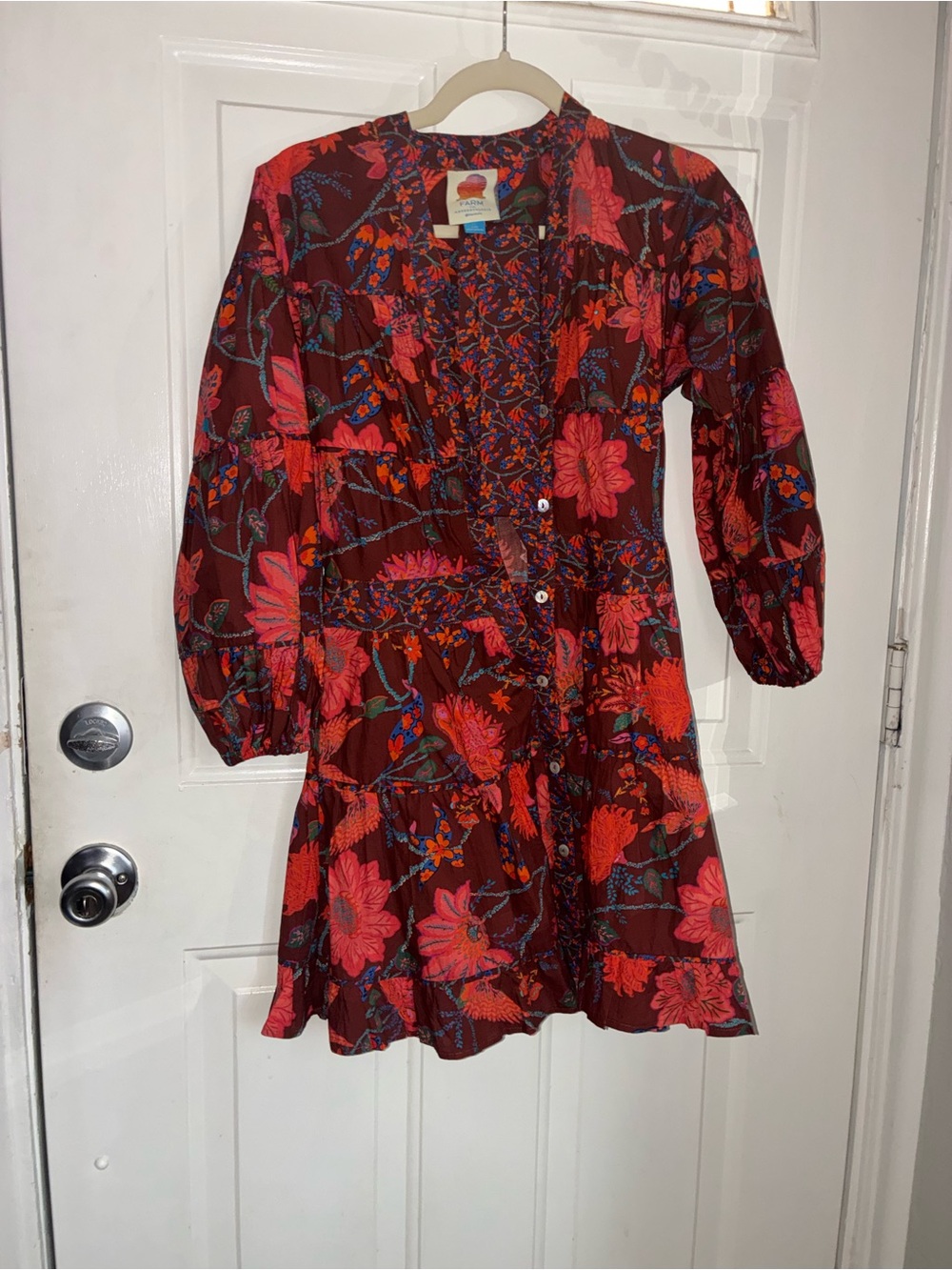FARM Rio Red Floral Tiered Button-Front Dress